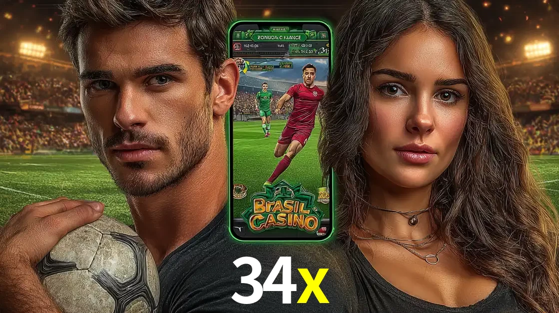 Homem segurando uma bola de futebol e uma mulher ao lado de um smartphone exibindo o jogo de apostas esportivas da 34x. Faça seu palpite no cassino online.